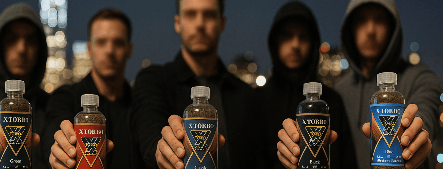 Five people holding bottles of X Torobo dokah in a dark setting with blurred faces by vape dokha