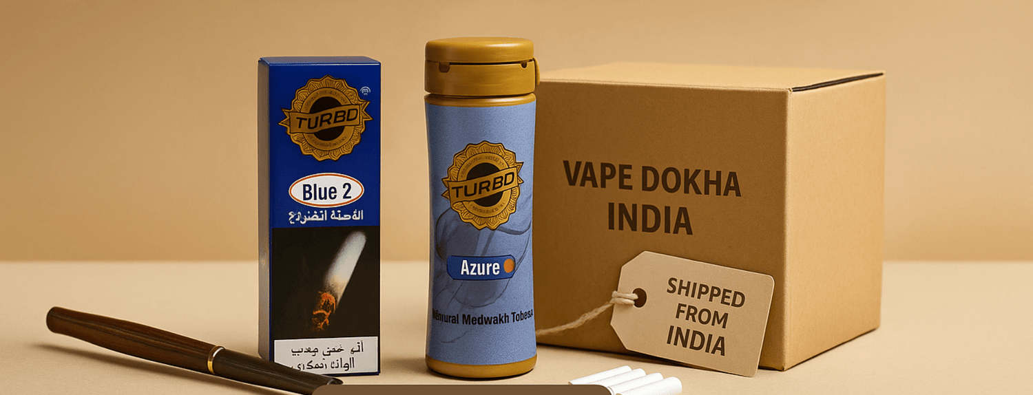 “Premium Turbo_Dokha_blends_Azure_and_Blue 2_displayed_with_Medwakh_pipe_and_accessories_Vape_Dokha_showcases_authentic_Emirati_tobacco_now_available_for_India_delivery.