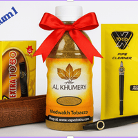 Al Khumery tobacco product with packaging and accessories on a white background. premium 1 vape dokha