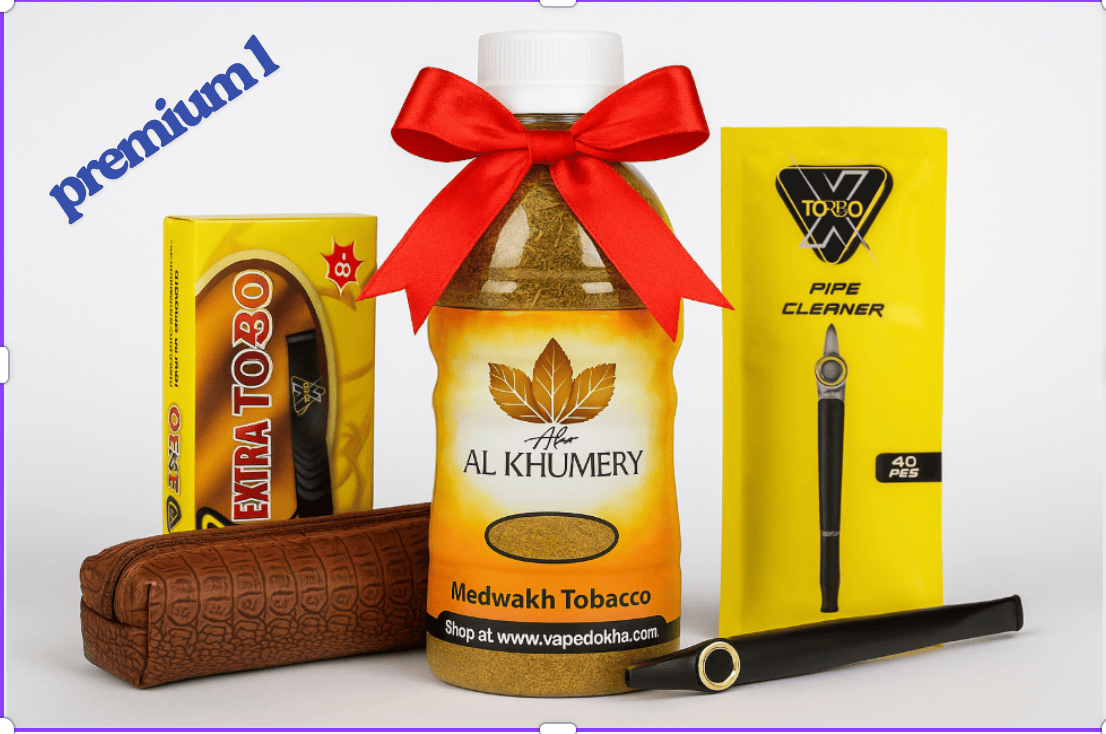 Al Khumery tobacco product with packaging and accessories on a white background. premium 1 vape dokha