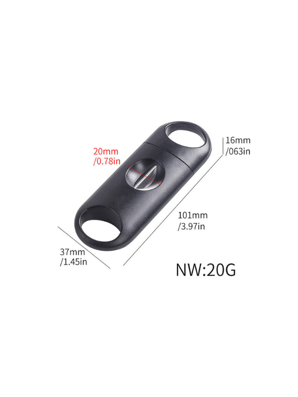 Black cigar cutter with dimensions and weight information on a white background. Vape dokha