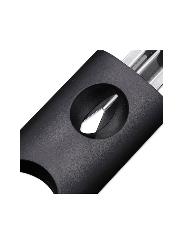 Close-up of a black cigar cutter with a metallic blade on a white background. Vape Dokha
