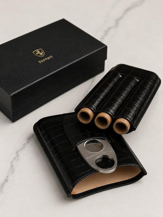 Ferrari 3-Finger Cigar Case Set — Crocodile Leather with Cutter