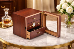 Wooden Cigar Humidor with Glass Door — 3-Drawer, Cedar-Lined Cabinet