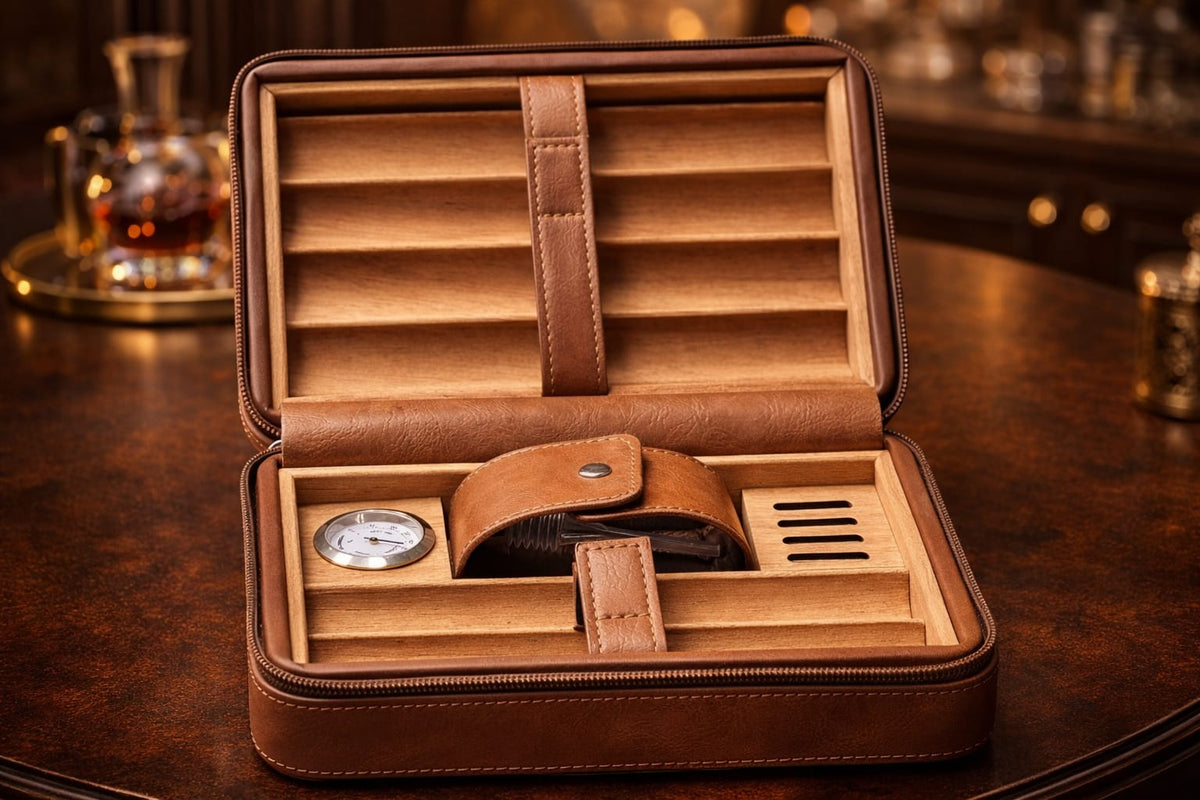 Premium Leather Travel Cigar Case — 8-Cigar, Cedar Lining & Hygrometer