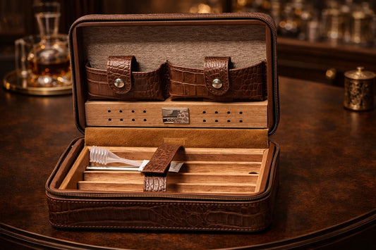 Crocodile-Embossed Leather Travel Cigar Humidor Case